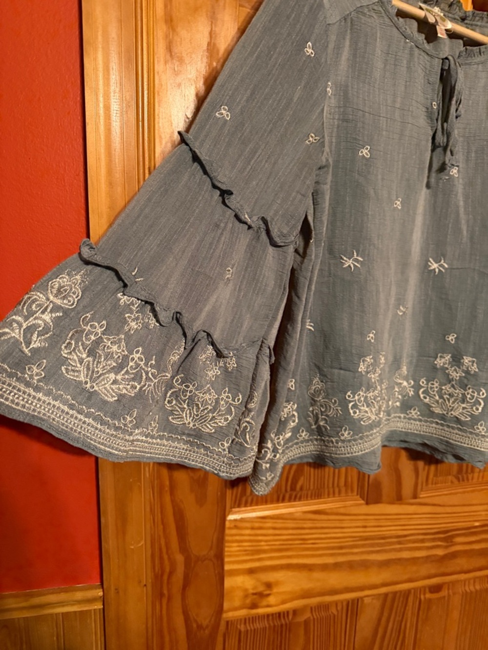 Fig and Flower Slate Blue Embroidered Ruffle-Sleeve Blouse - Picture 3 of 10
